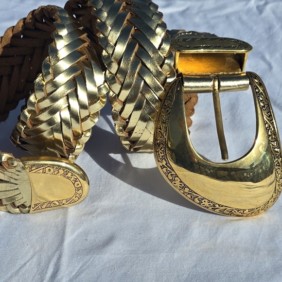 Vintage Captiva Metallic Gold Braided Leather Large Gold Toned Buckle Medium - Picture 2 of 13
